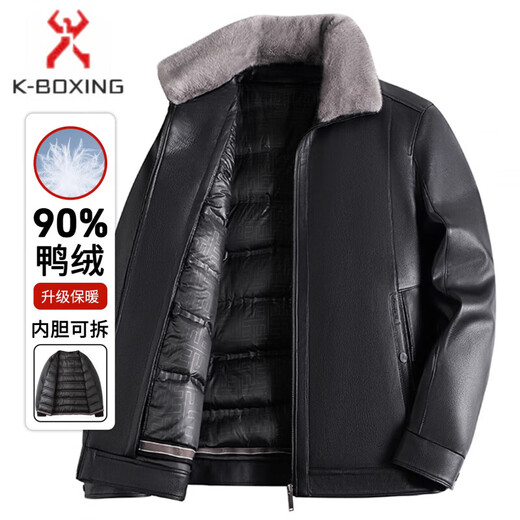 KBXNG Jinba leather down middle-aged and elderly men's removable lining leather jacket dad winter warm jacket casual men's black duck down lining-removable L 175 90-110 weight