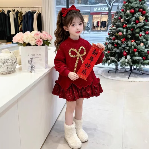 Guanimao girls New Year's dress winter 2026 new children's velvet sweatshirt dress medium and large children's winter clothing red New Year's greetings red velvet style 150 yards