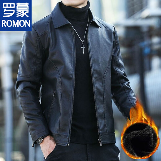 ROMON Leather Men's Jacket Haining Motorcycle Lapel Plus Velvet Warm Autumn and Winter Young and Middle-aged Men's Slim Leather Jacket Pocket Style Black Single Jacket M Recommended 90-115 Jin Jin equals 0.5 kg