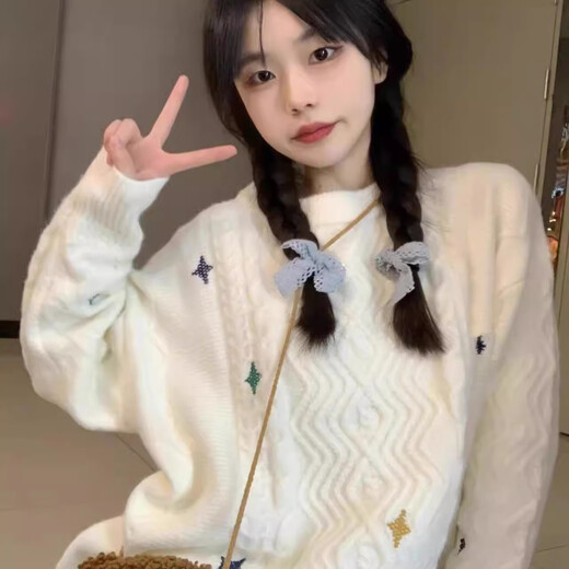 Koranna Japanese retro cute soft waxy twist sweater for women in autumn and winter lazy style loose pullover thickened knitted top off-white one size fits all (80-130Jin Jin is equal to 0.5 kg)