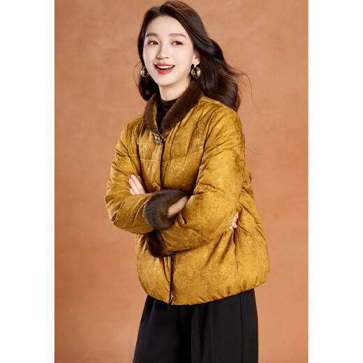 Kebel Chinese style fur stitching warm coat women's winter new style Hongyun high-end light luxury down jacket yellow M