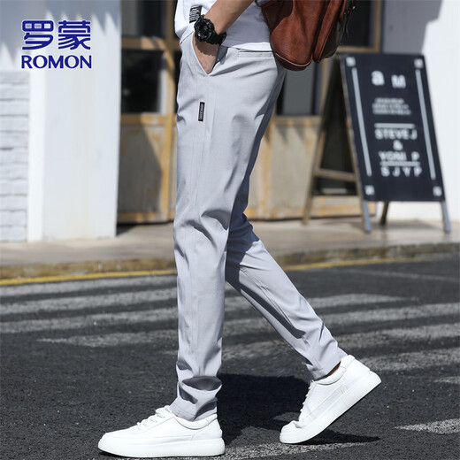 ROMON pants men's winter new men's business casual pants trendy slim commuter straight trousers light gray 29