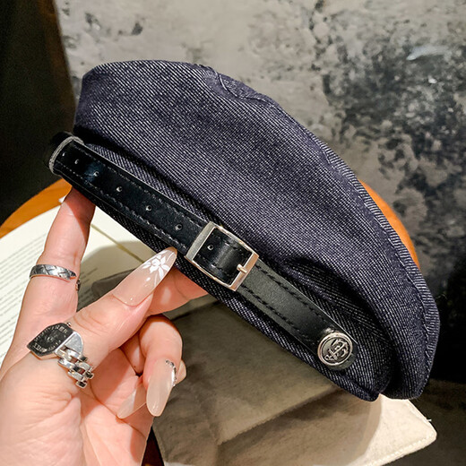 Wanjiazhen beret women's cool leather buckle 2025 autumn new commuter Japanese style sweet temperament fashion painter hat winter cool leather buckle beret dark blue