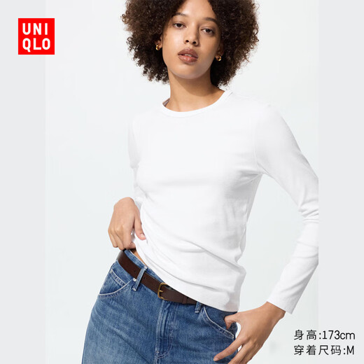 Uniqlo Women's Soft Ribbed Round Neck T-Shirt Long Sleeve Solid Color Basic 474400 479590 470124 479590/00 White S