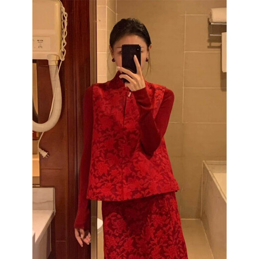 Pick-up Cat Toast Wear Wedding New Chinese Style National Style Engagement Dress Red Vest Suit Skirt Toast Wear Women Winter Bridal Knot Three-piece Set (Red Vest + Inner + Skirt) L