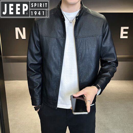 JEEP SPIRIT Velvet Leather Men's Jacket Autumn and Winter 2025 New Trendy Brand Handsome Slim Stand Collar Thickened Warm Leather Jacket Men Black Velvet M