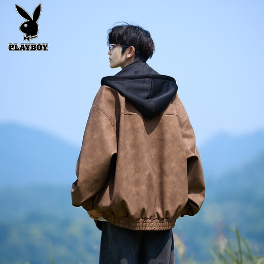 Playboy (PLAYBOY) American leather jacket men's spring, autumn and winter new fake two-piece long-sleeved hooded jacket men's handsome young men's clothing dark gray regular M recommended height 165-170CM weight 94-110Jin Jin is equal to 0.5 kg