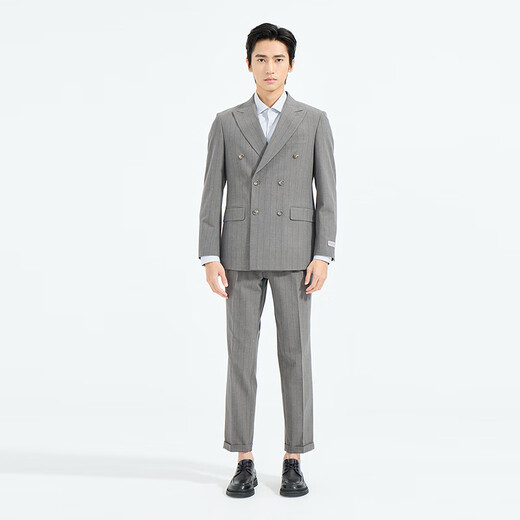 Lilang Youth Business Men's Striped Double-Breasted Suit Men's Stretch Anti-Wrinkle Easy-Care Two-piece Suit Gray Coffee (1YA) 185A