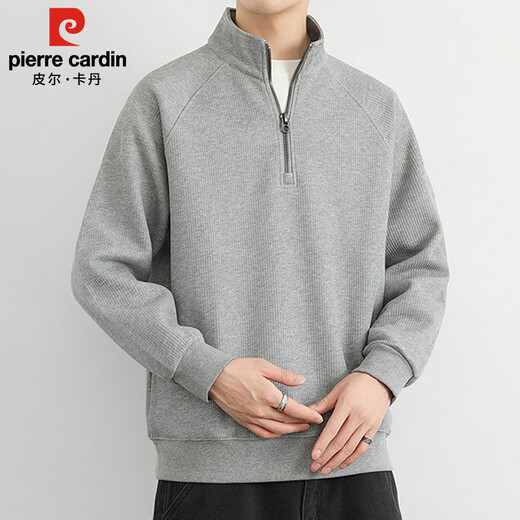 Pierre Cardin sweatshirt men's fall and winter stand-up collar half-zip long-sleeved T-shirt men's fleece warm clothing olive green regular XL