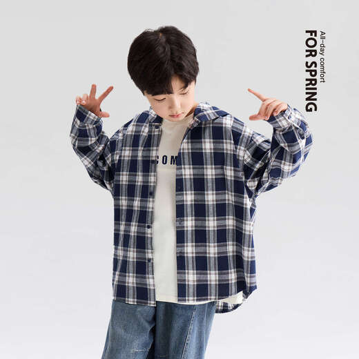 Zuoxi children's clothing boys plaid shirt spring and autumn 2026 new children's long-sleeved thin coat pure cotton hoodie top blue 160 cm