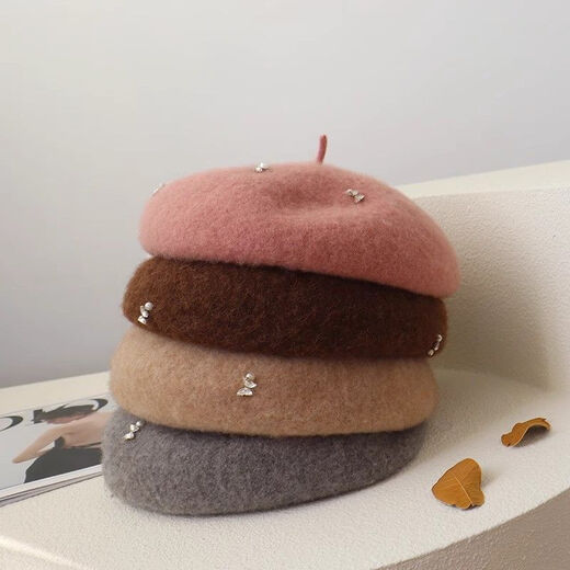 Fei Hao wool beret women's autumn and winter pumpkin hat alpaca classic version solid color warm cashmere face showing little buds alpaca rhinestone black one size adjustable