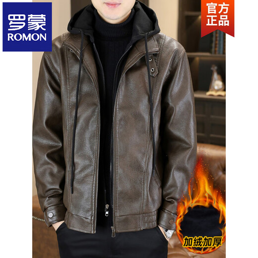 ROMON Autumn and Winter Hooded Leather Jacket Men's Handsome Plush Velvet Thickened Fashion Jacket Warm and Trendy Winter Leather Top Brown Color 8557 Spring and Autumn Style 4XL