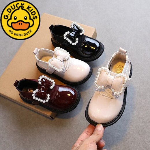 G.duck girls' shoes 2025 spring and autumn new style pearl bow girls princess shoes soft sole leather shoes black performance shoes off-white 25 inner length 15.5cm