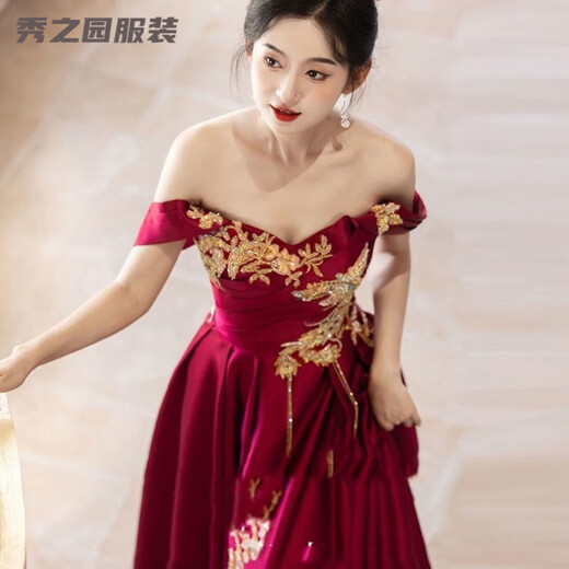 Verse Verse burgundy toast dress bride's dressing gown style engagement wedding dress new Chinese style one shoulder light luxury national style burgundy S