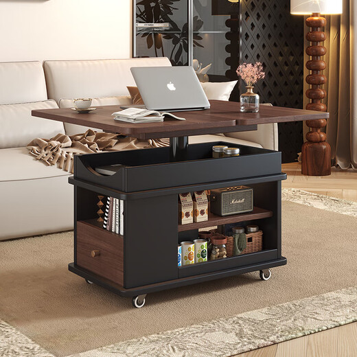 Sofa side table, movable coffee table, small living room side cabinet, multi-functional tea table, lifting and folding solid wood corner table, walnut+white, with lift 700*400*546