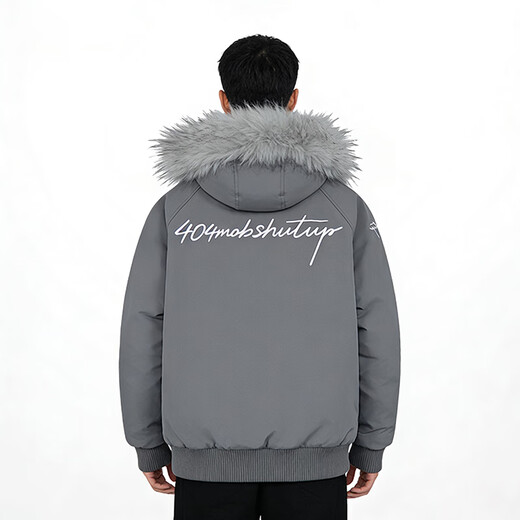 404MOBGANG American retro detachable fur collar jacket men's winter waterproof embroidery thickened warm couple cotton clothing Paris Gray L