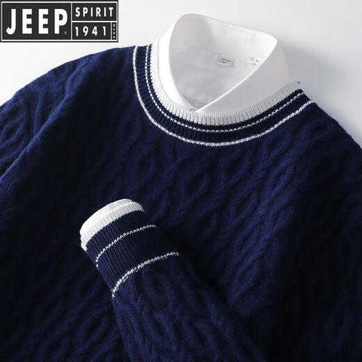 JEEP SPIRIT Jeep cardigan men's thick wool warm winter new sweater sweater fashion round neck pullover casual contrast color navy S
