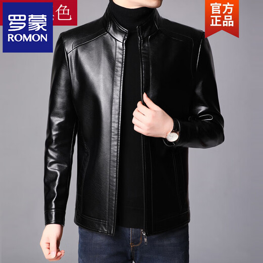 ROMON autumn and winter Haining leather jacket men's loose lapel plus velvet thickened sheepskin leather jacket men's leather jacket dad wear lapel black M 170 100-120Jin Jin equals 0.5 kg