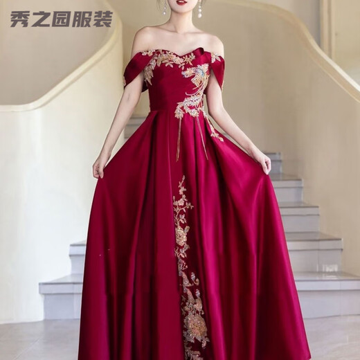 Verse Verse burgundy toast dress bride's dressing gown style engagement wedding dress new Chinese style one shoulder light luxury national style burgundy S