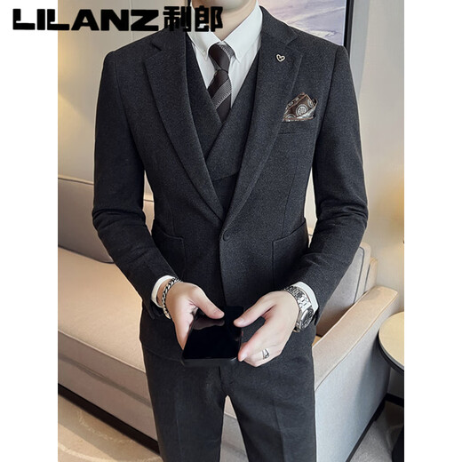 Lilang woolen suit men's winter thickened brown high-end handsome suit men's suit wedding dress men's casual dark gray (suit + pants) free tie 3XL
