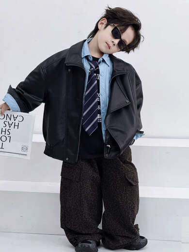 BALA is suitable for Korean autumn and winter new children's leather jackets PU leather jackets for boys, middle-aged and teenagers, black 110cm, recommended height is about 110CM