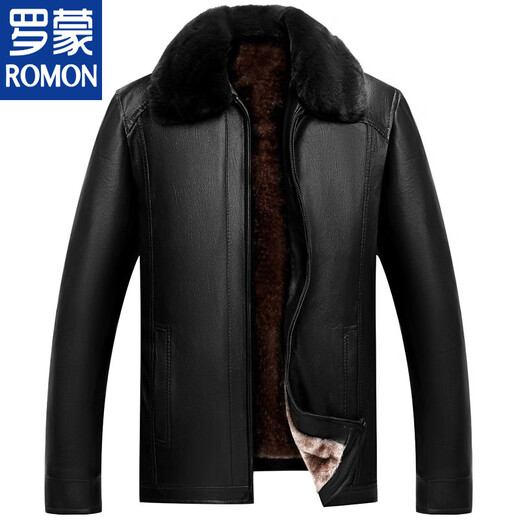 Мужская кожаная куртка ROMON среднего возраста плюс бархатная утолщенная куртка из искусственной кожи, мужская свободная повседневная одежда для папы, осеннее и зимнее пальто среднего и пожилого возраста, съемное плюс бархатное черное утолщенное пальто M 52 (105-120Jin Jin соответствует 0,5 кг)