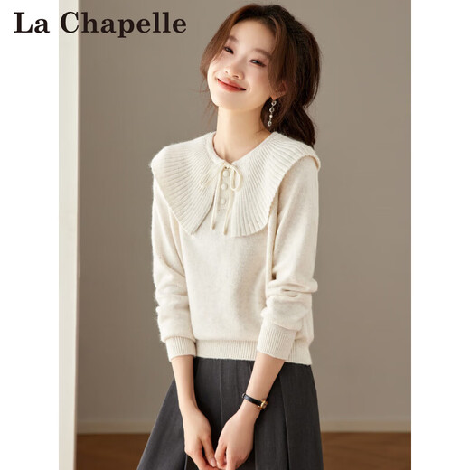 La Chapelle Korean baby lotus leaf collar lace-up sweater for women 2025 new autumn and winter style age-reducing sweater with bottoming top off-white L 110-120Jin Jin equals 0.5 kg