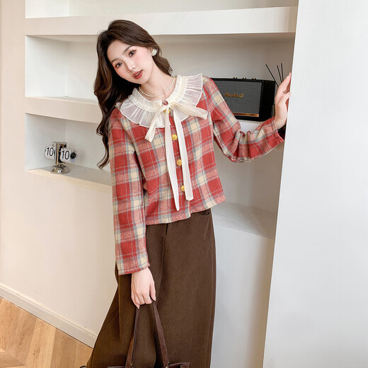 Ives (ITISF4) Spring Festival Sweet Temperament Jacket Spring Slimming Exquisite Ruffled Plaid Versatile Top Shirt Red Plaid S