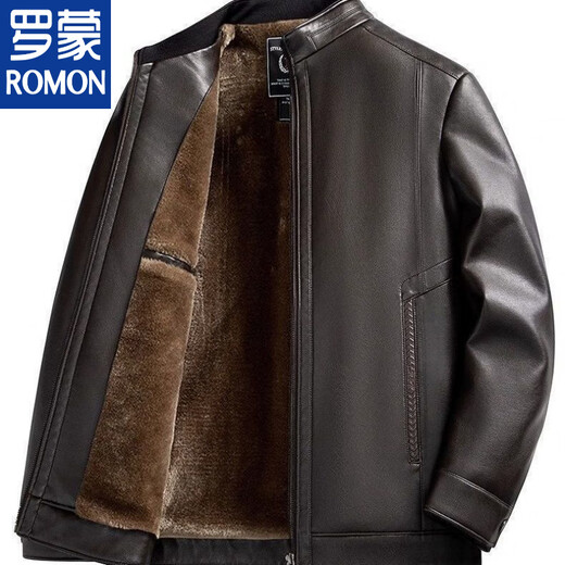 ROMON high-end soft leather middle-aged leather jacket plus velvet thickened men's casual loose large size leather jacket middle-aged and elderly dad's outfit really upgraded black plus velvet standing leather jacket thickened 3XL 190 reference weight 160-180Jin Jin is equal to 0.5 kg