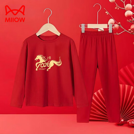 Cat Man (MiiOW) Pure Cotton Year of the Horse, Zodiac Year Autumn Clothes and Autumn Pants Children's Winter Basement Warm Suit for Boys and Girls New Year's Eve Clothes Pure/Cotton Autumn Clothes and Autumn Pants China Golden Horse 160 75-95Jin Jin is equal to 0.5 kg