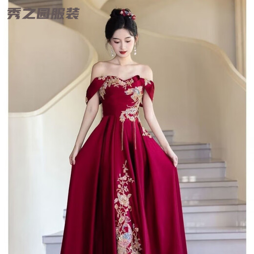 Verse Verse burgundy toast dress bride's dressing gown style engagement wedding dress new Chinese style one shoulder light luxury national style burgundy S