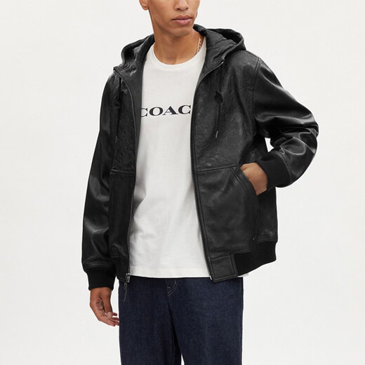 COACH SS Solid Color Zipper Pocket Hooded Casual Leather Jacket Men's Black Black S