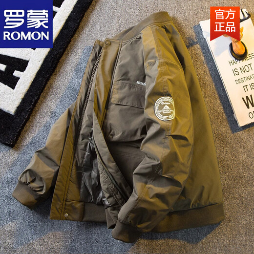 罗蒙（ROMON）美式工装羽绒服男士外套2025秋冬季新款潮流痞帅棒球领飞行员夹克 咖绿色 白鸭绒羽绒服 M 100-115斤