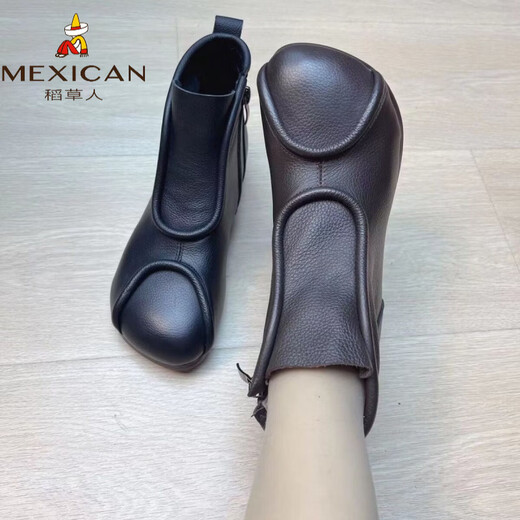 Scarecrow ethnic style retro genuine leather short boots for women 2026 autumn new style comfortable soft sole cotton and linen single boots round toe flat fashion boots black plus velvet 35