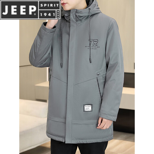 JEEP SPIRIT autumn and winter mid-length windbreaker men's hooded plus velvet thickened parka cotton clothing trendy handsome casual jacket Khaki M