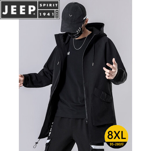 JEEP SPIRIT большой размер ветровка средней длины мужская чисто черная теплая плюс бархатная куртка мужское осенне-зимнее пальто черное/плюс бархат L 110--130Jin Jin равен 0,5 кг