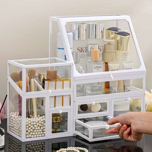 Yusenyi Desktop Storage Box High-end Sensory Dressing Table Skin Care Product Storage Rack Desktop Eyebrow Pen Brush Bucket Set of Two (Dust-proof Top with Three Drawers)