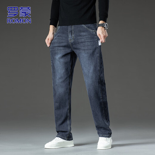 ROMON high-end jeans men's autumn and winter loose straight casual pants men's trendy versatile men's pants gray black blue 32