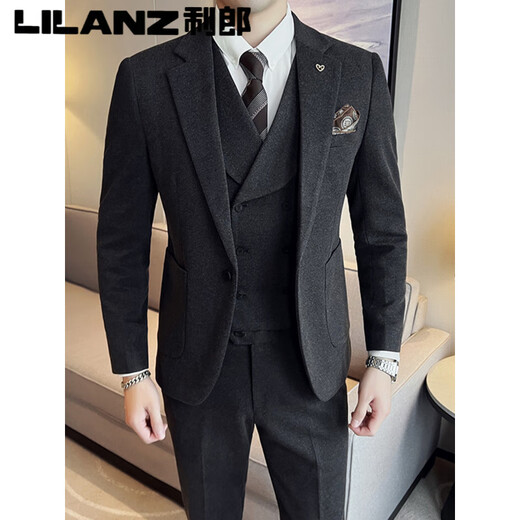 Lilang woolen suit men's winter thickened brown high-end handsome suit men's suit wedding dress men's casual dark gray (suit + pants) free tie 3XL