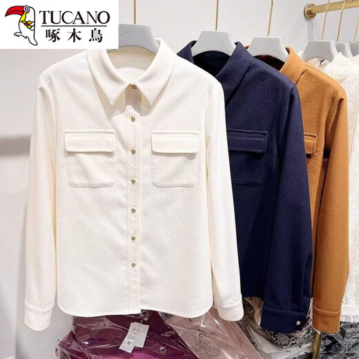 Woodpecker 2025 new Korean temperament autumn and winter velvet thickened shirt women's slim lapel double pocket long-sleeved warm shirt apricot S