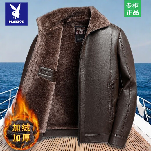 花花公子中老年男士爸爸加厚皮衣加绒冬装外套一体中老年人保暖冬季皮夹克 湘湘款 黑色皮毛一体 XL 180/96A 建议125-140斤