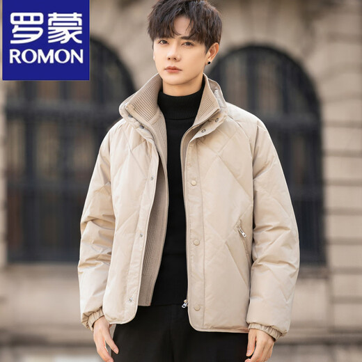 ROMON Knitted Splicing Fake Two-piece Down Jacket Men's Winter Stand Collar Lightweight Thickened Jacket Handsome National Standard 90 Down Winter Jacket Khaki White Duck Down L Within 120