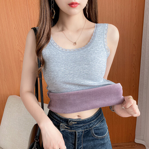 Thermal Vest Women's Velvet Thickened One-piece Velvet Lace Round Neck Autumn and Winter Warm Top Women's Slim Bottoming Shirt White One Size