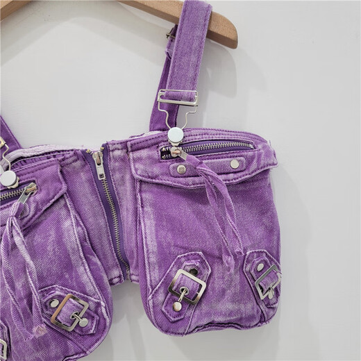 European and American style design three-dimensional work clothes pockets retro hot girl denim tube top suspender sleeveless top for women trendy purple 12156 S