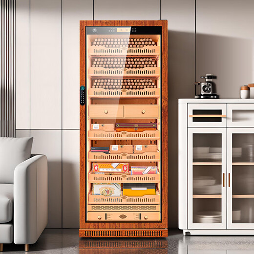 CIGARLOONG 275C cigar cabinet, constant temperature and humidity cabinet, air-cooled, ammonia-free and alcohol-curing, Spanish cedar wood shelf liner, large capacity, embedded WiFi intelligent control compressor, cigarette cabinet with fingerprint lock, light luxury black cedar wood liner, purified ammonia+WiFi+fingerprint lock