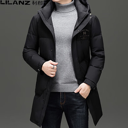 LILANZ men's mid-length down jacket middle-aged men's business casual versatile hooded warm white duck down jacket trendy black 18-25803 M 170