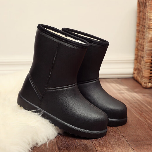 冬季加绒保暖雨鞋女防水防滑中筒加棉雨靴EVA轻便厨房洗车工作鞋 黑色 36-37