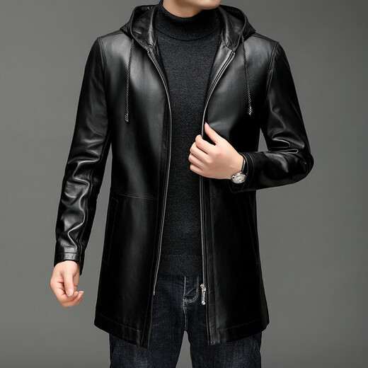 Fat Donglai Supermarket purchasing sheepskin hooded leather jacket for men in autumn business casual men's jacket fashionable and versatile same style black L suitable for 110-130Jin Jin equals 0.5 kg