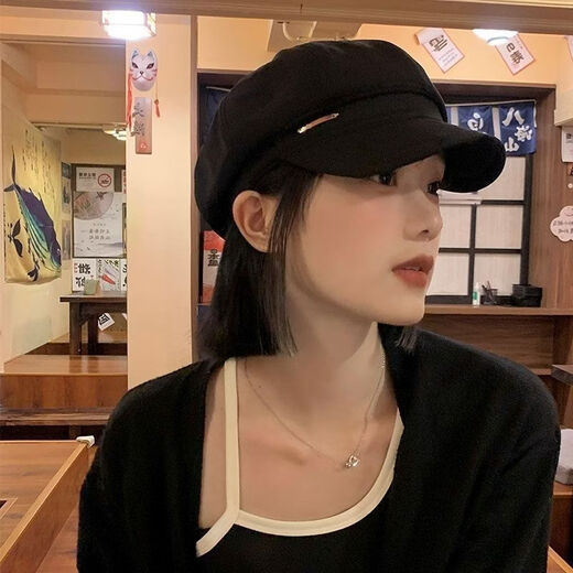 Ji Mi hat with wig, short hair, natural simulation, big head, full real hair, short straight hair, beret headgear, octagonal hat, brown hat, one size fits all, natural black, small flip-up (send hair network)