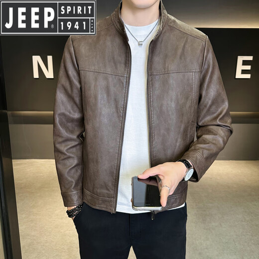 JEEP SPIRIT Velvet Leather Men's Jacket Autumn and Winter 2025 New Trendy Brand Handsome Slim Stand Collar Thickened Warm Leather Jacket Men Black Velvet M